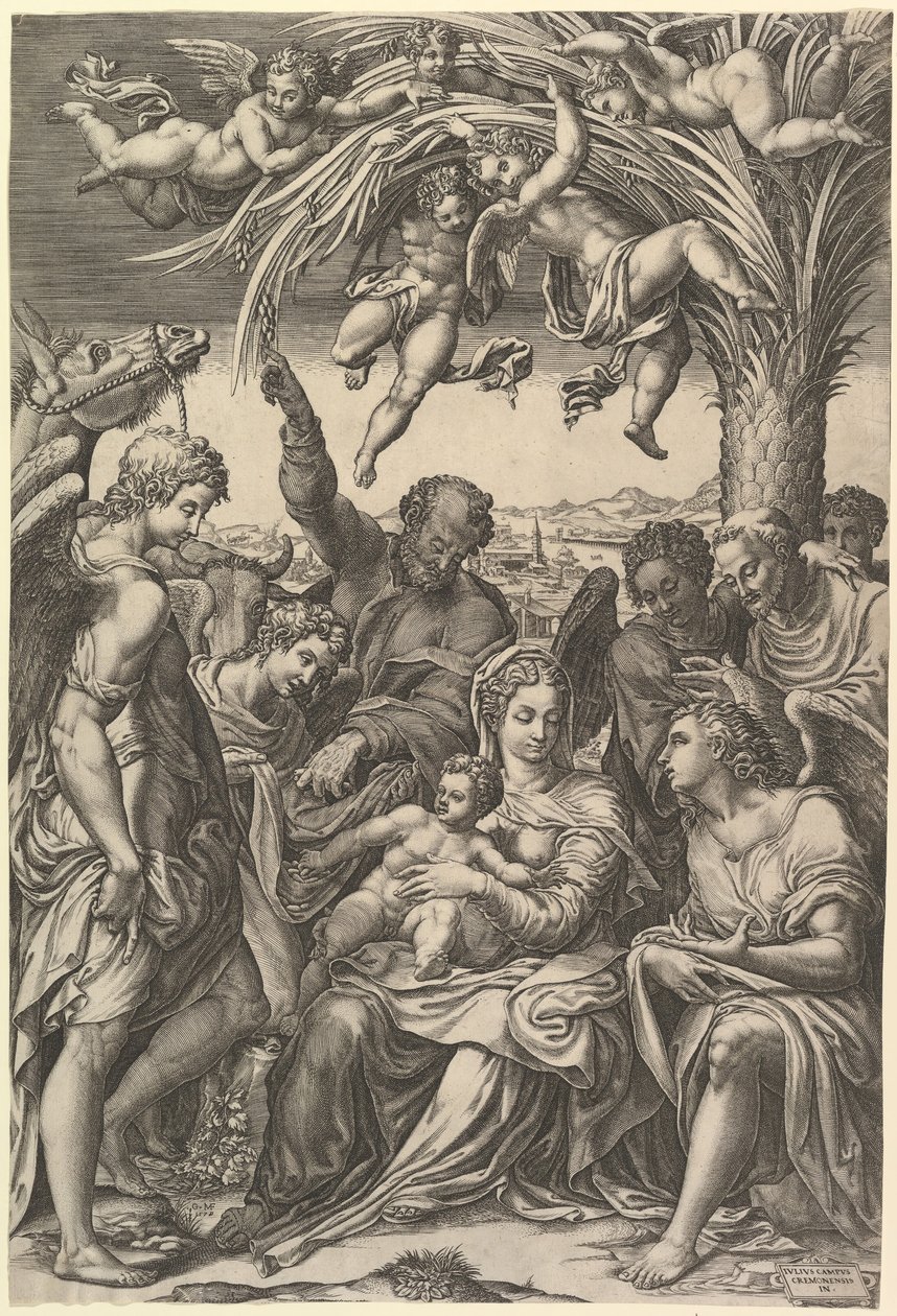 Descanse na fuga para o Egito, a Sagrada Família, debaixo de uma palmeira cercada por anjos, ponha ..., 1578. de Giorgio Ghisi