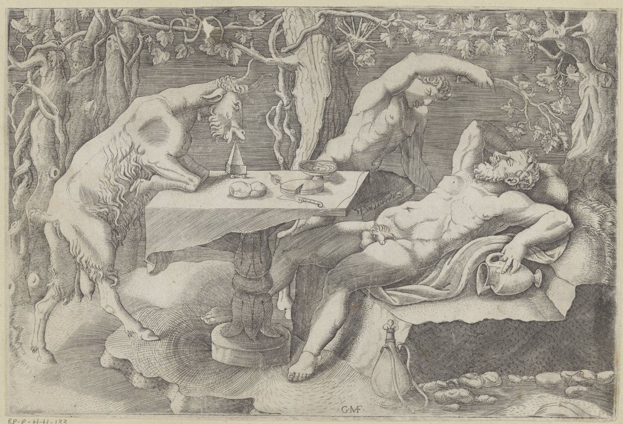 Silenus, um sátiro e um bode
Silenus adormecido de Giorgio Ghisi