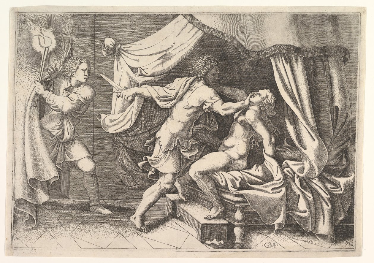 Tarquin atacando Lucretia, uma serva à esquerda, testemunhando a cena, ca. 1540 de Giorgio Ghisi