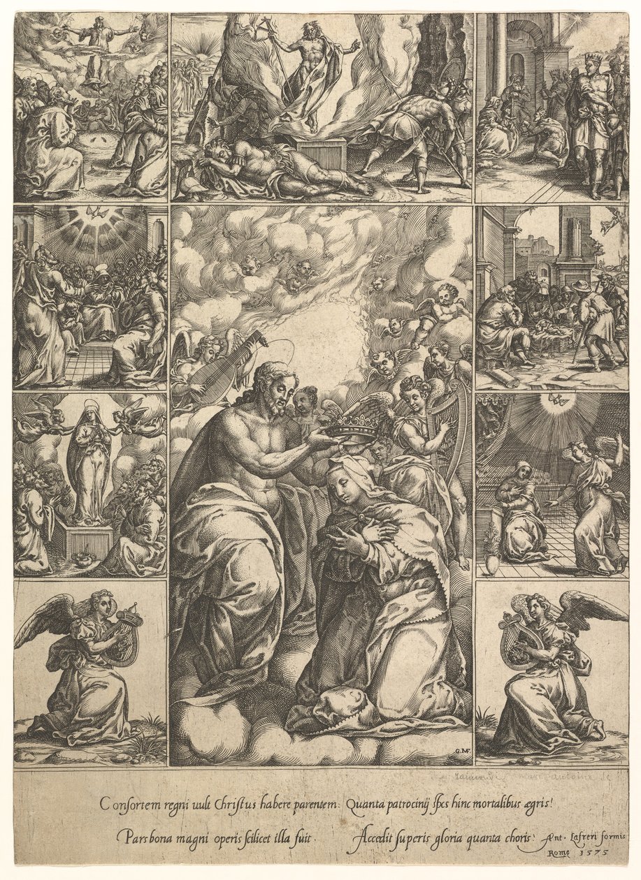 A coroação da Virgem, cercada por nove vinhetas com cenas da vida de ..., em 1575. de Giorgio Ghisi