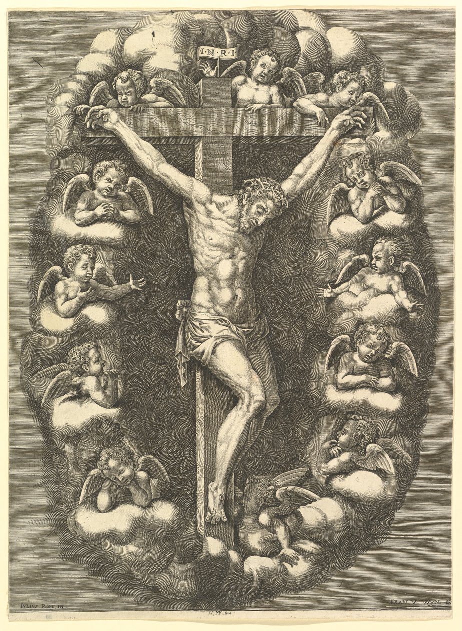 O crucificado Cristo cercado por anjos de luto, 1575-1679. de Giorgio Ghisi
