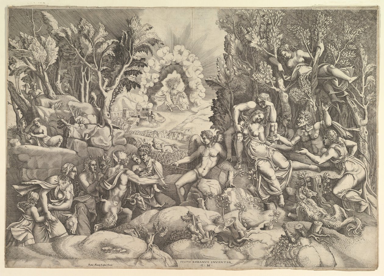 A morte de Procris, Cephalus lamentou a morte de Procris à direita, cercada por ..., ca. 1540 de Giorgio Ghisi