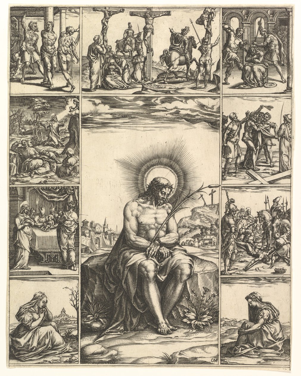 O Homem das Dores, uma imagem de Cristo cercada por nove vinhetas representando cenas de ..., em 1575. de Giorgio Ghisi