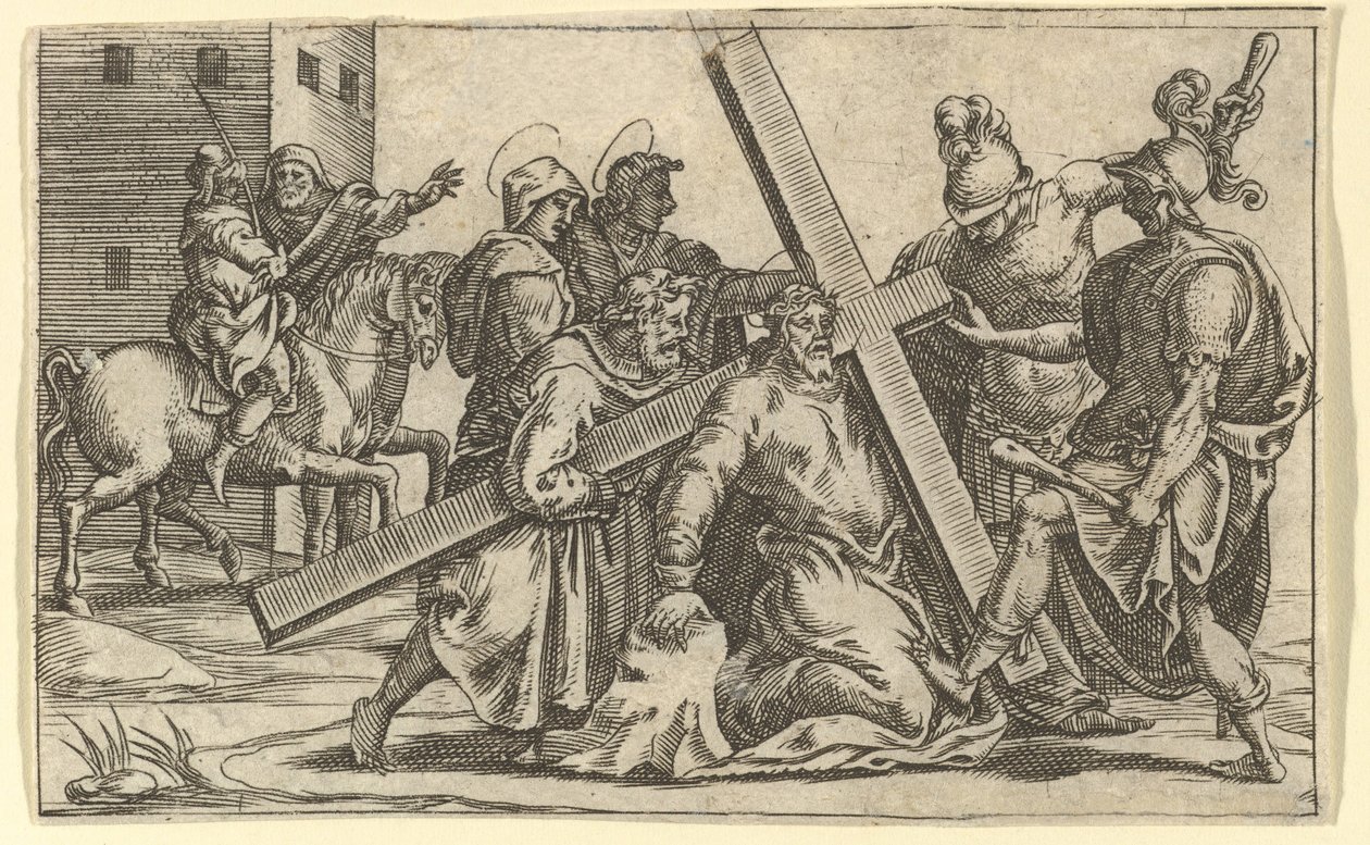 A Virgem das Dores: Cristo carregando a cruz, um dos nove compartimentos ao redor de ..., em 1575. de Giorgio Ghisi
