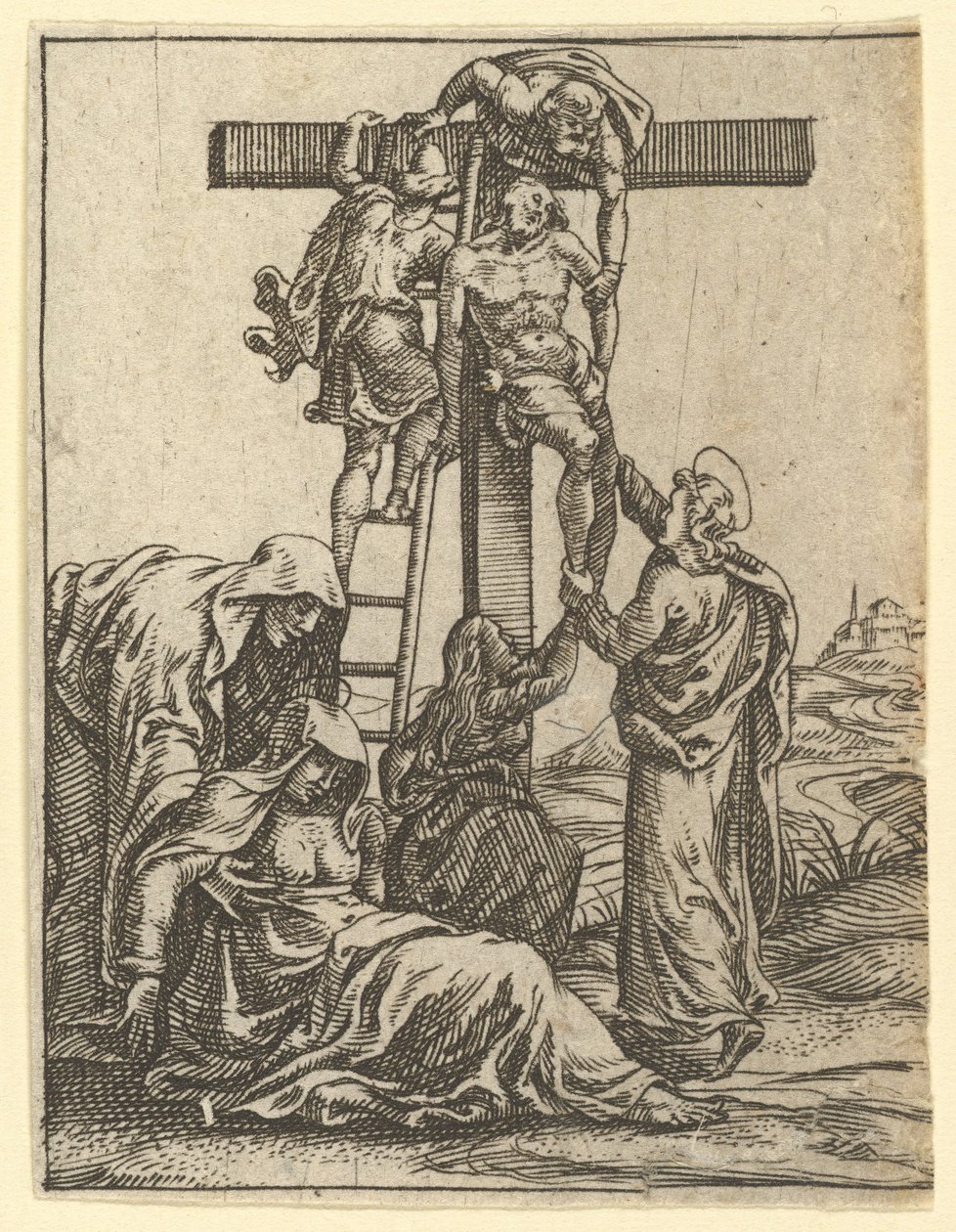 A Virgem das Dores: A Descida da Cruz, um dos nove compartimentos circundantes ..., em 1575. de Giorgio Ghisi