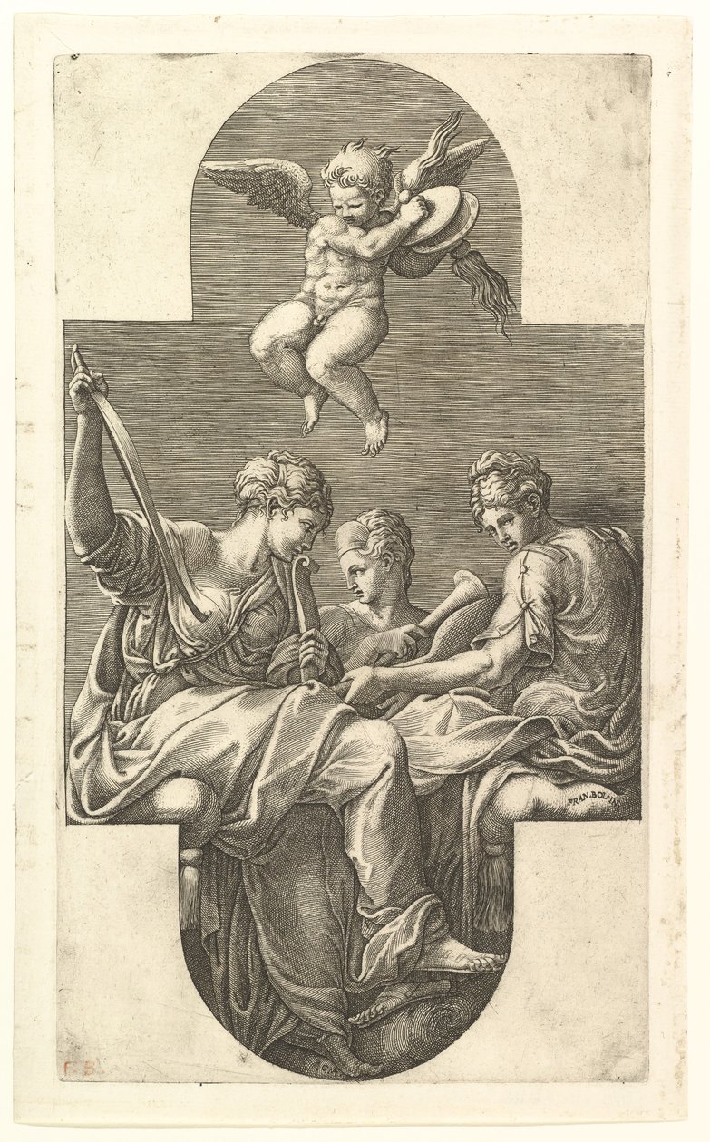 Três musas e um Putto com pratos, uma composição cruciforme, de uma série de oito com ..., 1560s. de Giorgio Ghisi