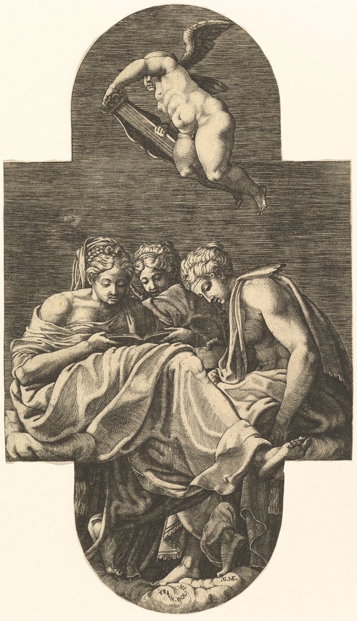 Três musas e um putto acima com uma lira, de uma série de oito composições após Fran ..., 1560s. de Giorgio Ghisi