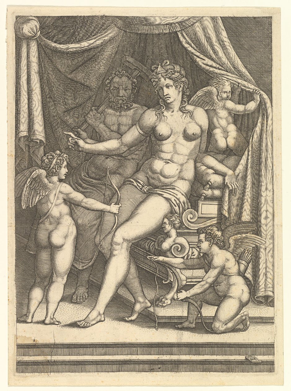 Vênus e Vulcano sentados em uma cama e três Putti, meados dos anos 1550. de Giorgio Ghisi