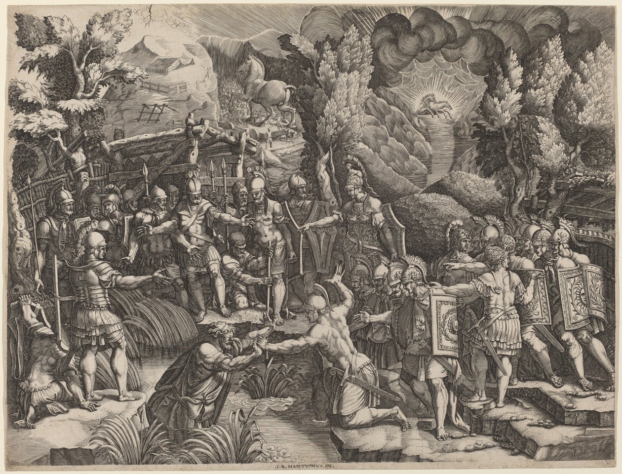 Sinon enganando os troianos de Giorgio Ghisi after Giovanni Battista Scultori