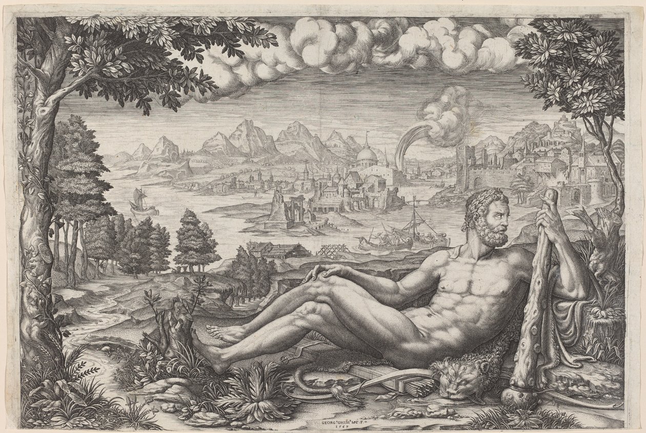 Hércules descansando de seus trabalhos de Giorgio Ghisi after Giulio Romano
