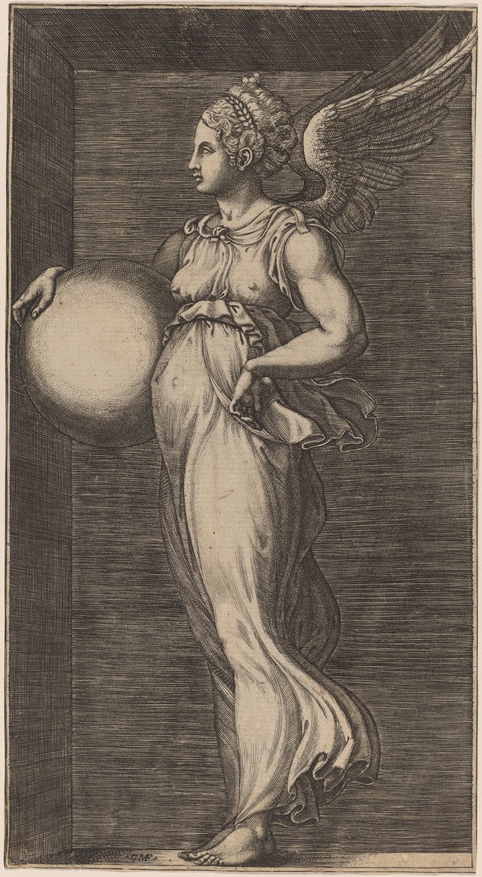 Figura alegórica segurando uma esfera de Giorgio Ghisi possibly after Giulio Romano