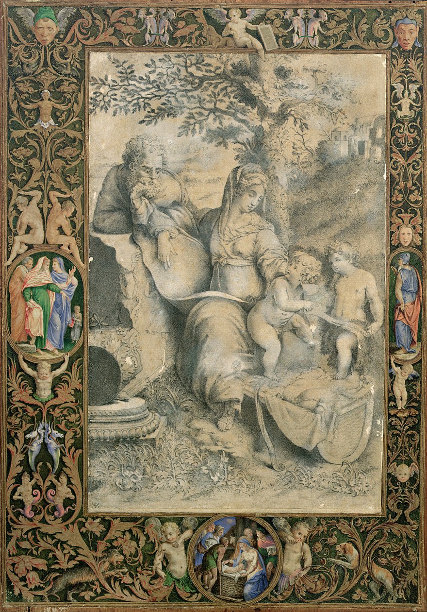 Fronteira de um Manuscrito Iluminado Em torno de um desenho depois da Família Sagrada de Rafael sob o Carvalho (atribuído a Clovio), de Giorgio Giulio Clovio