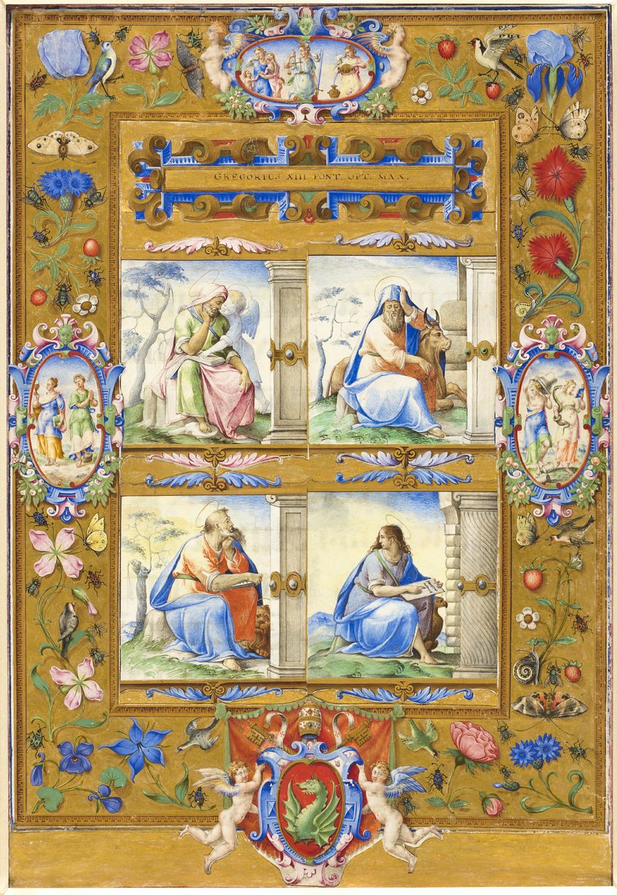 Os quatro evangelistas, dentro de uma fronteira de flores, pássaros e insetos de Giorgio Giulio Clovio