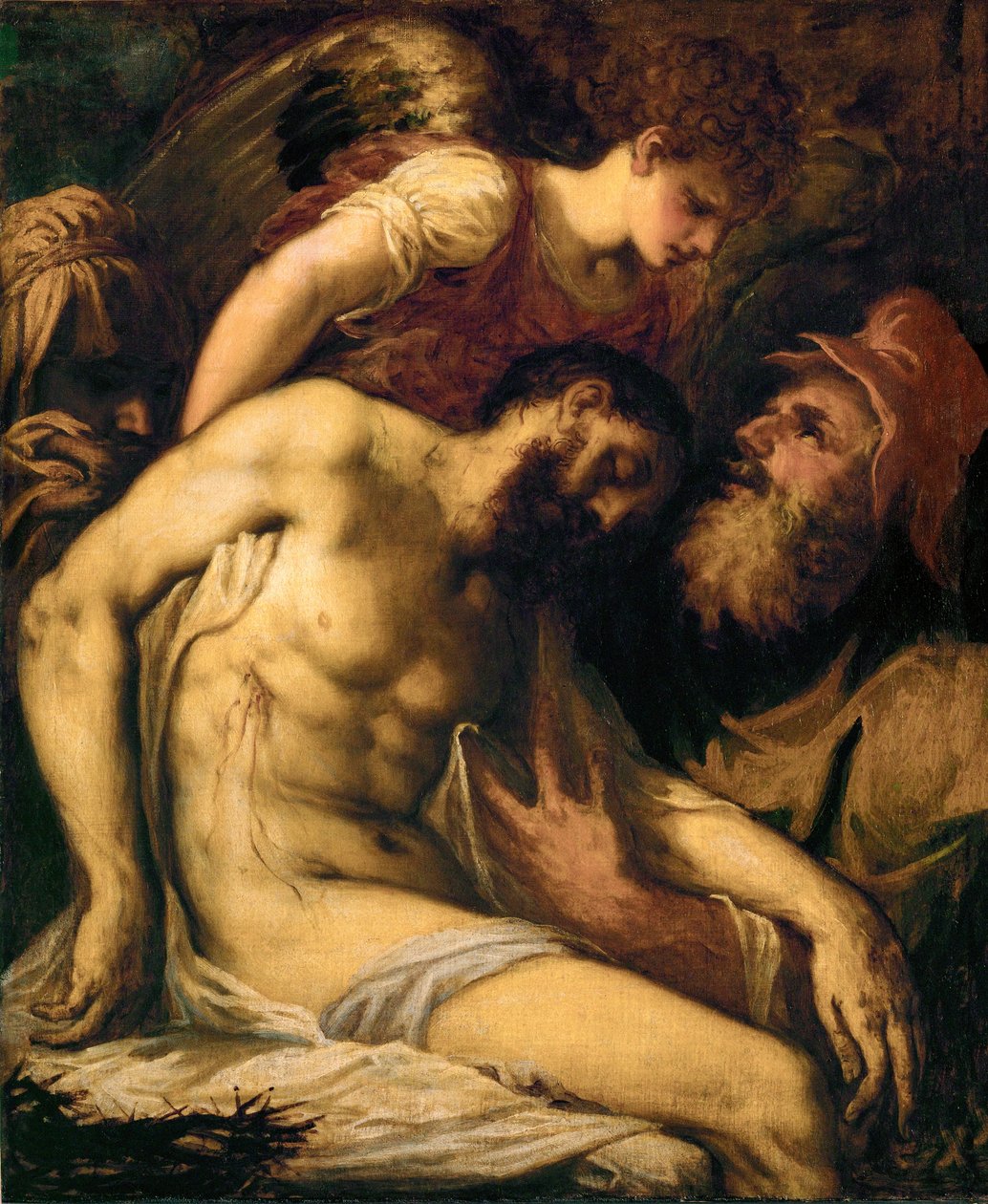 Cristo morto, amparado por um anjo e por José de Arimateia ... (pintura sobre tela) de Giorgio Schiavone