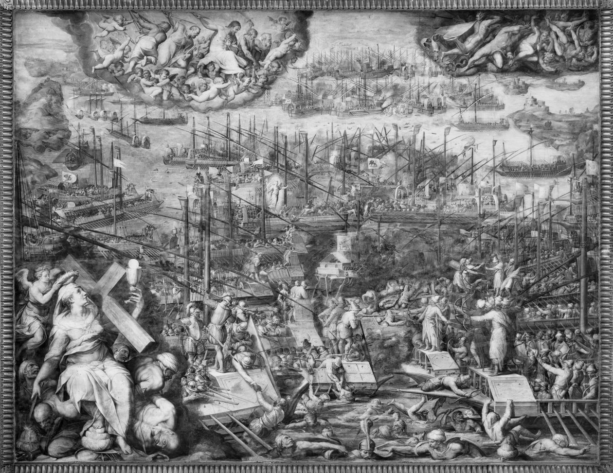 Batalha de Lepanto (fresco) (foto a p/b) de Giorgio Vasari