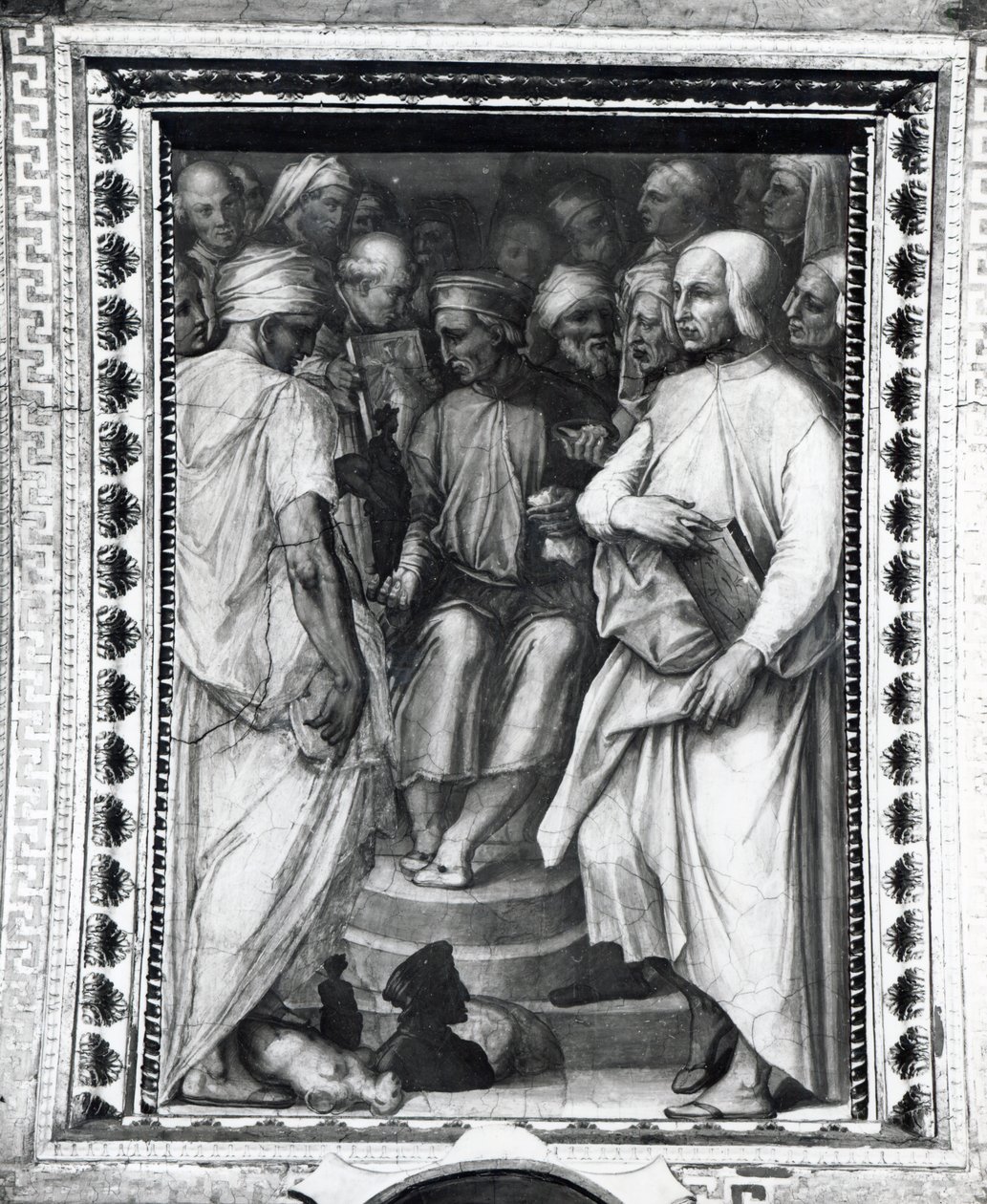 Cosimo de Medici sentado entre filósofos e artistas na Sala di Cosimo il Vecchio de Giorgio Vasari