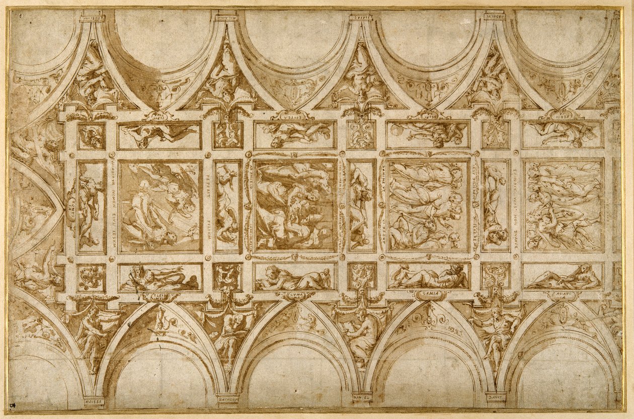 Desenho para o teto do refeitório do Colégio Jesuíta de Cortona (caneta e tinta marrom com lavagem marrom claro) de Giorgio Vasari