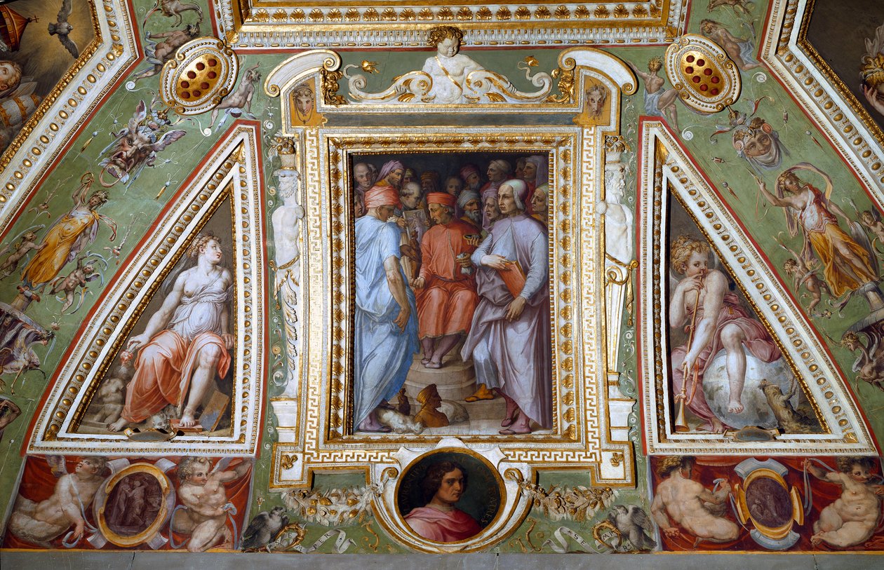 Detalhe da sala de Cosimo de Medicis representando a si mesmo com artistas e intelectuais (fresco de Giorgio Vasari