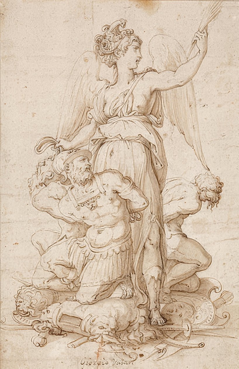 Victoria alada com um ramo de palmeira e três prisioneiros ajoelhados em troféus. Por volta de 1540 de Giorgio Vasari