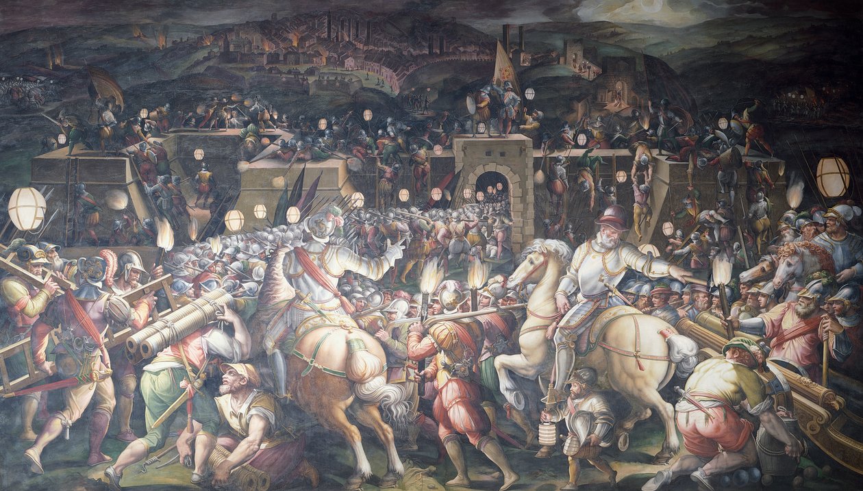 Itália, Florença, Palazzo Vecchio (Palácio Velho), Salone dei Cinquecento, Tomada do Forte perto de Port Camollia em Siena de Giorgio Vasari