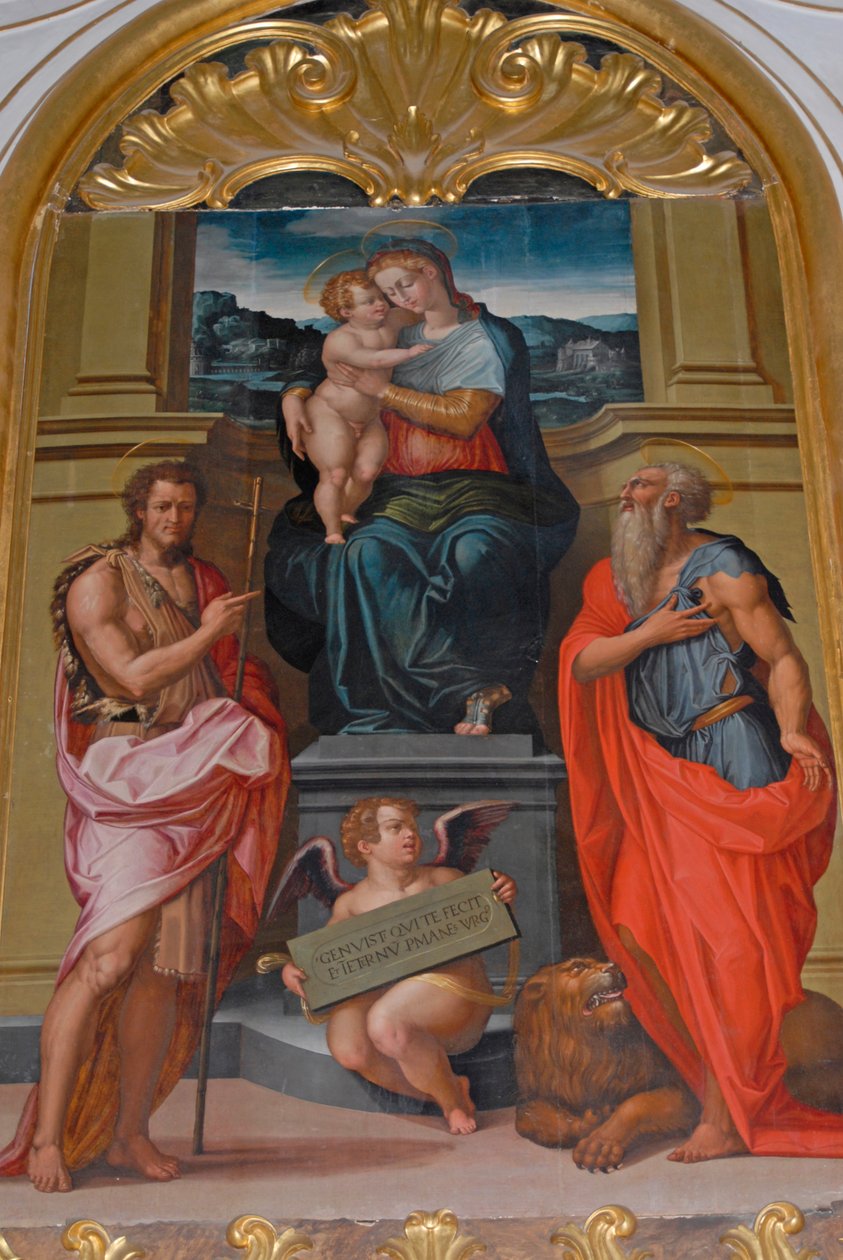 Madonna e Criança entre São João Batista e São Jerônimo, pintura de Giorgio Vasari, igreja no mosteiro de Camaldoli, Camaldoli, Toscana, Itália de Giorgio Vasari