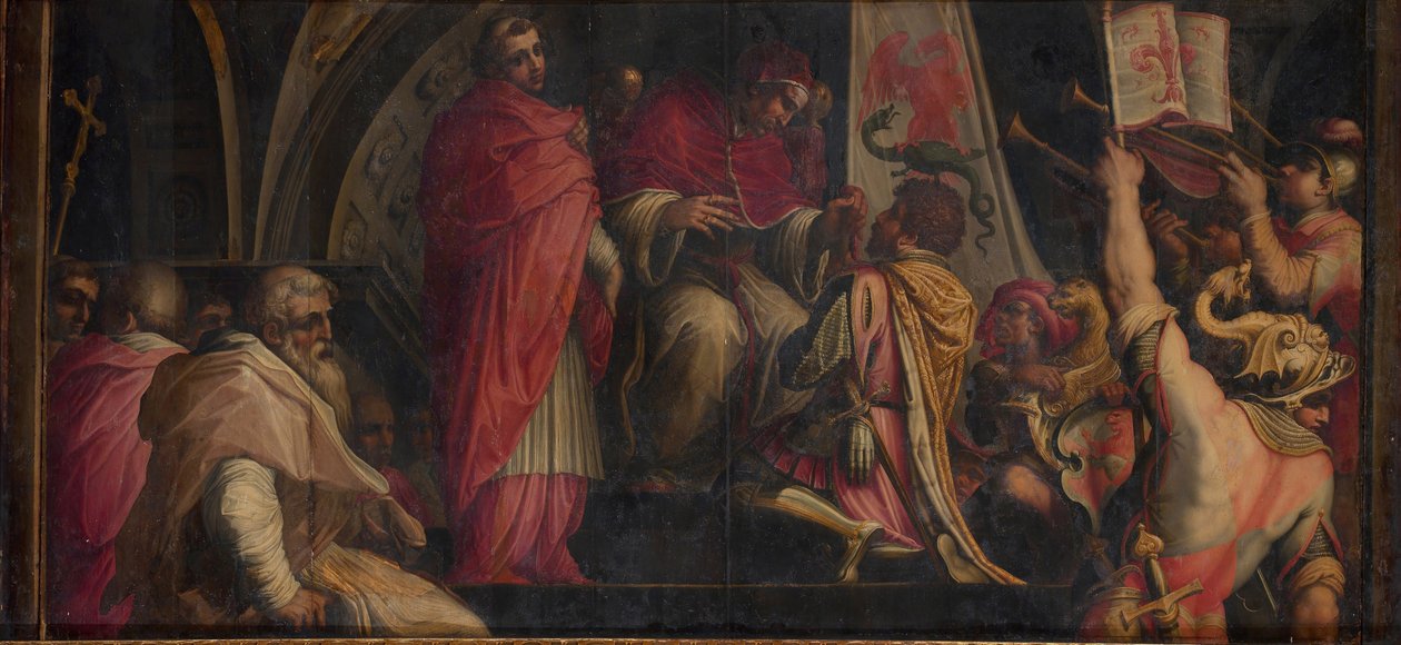 O Papa Clemente IV entrega sua insígnia aos capitães do Partido Guelph, 1563-1565 de Giorgio Vasari