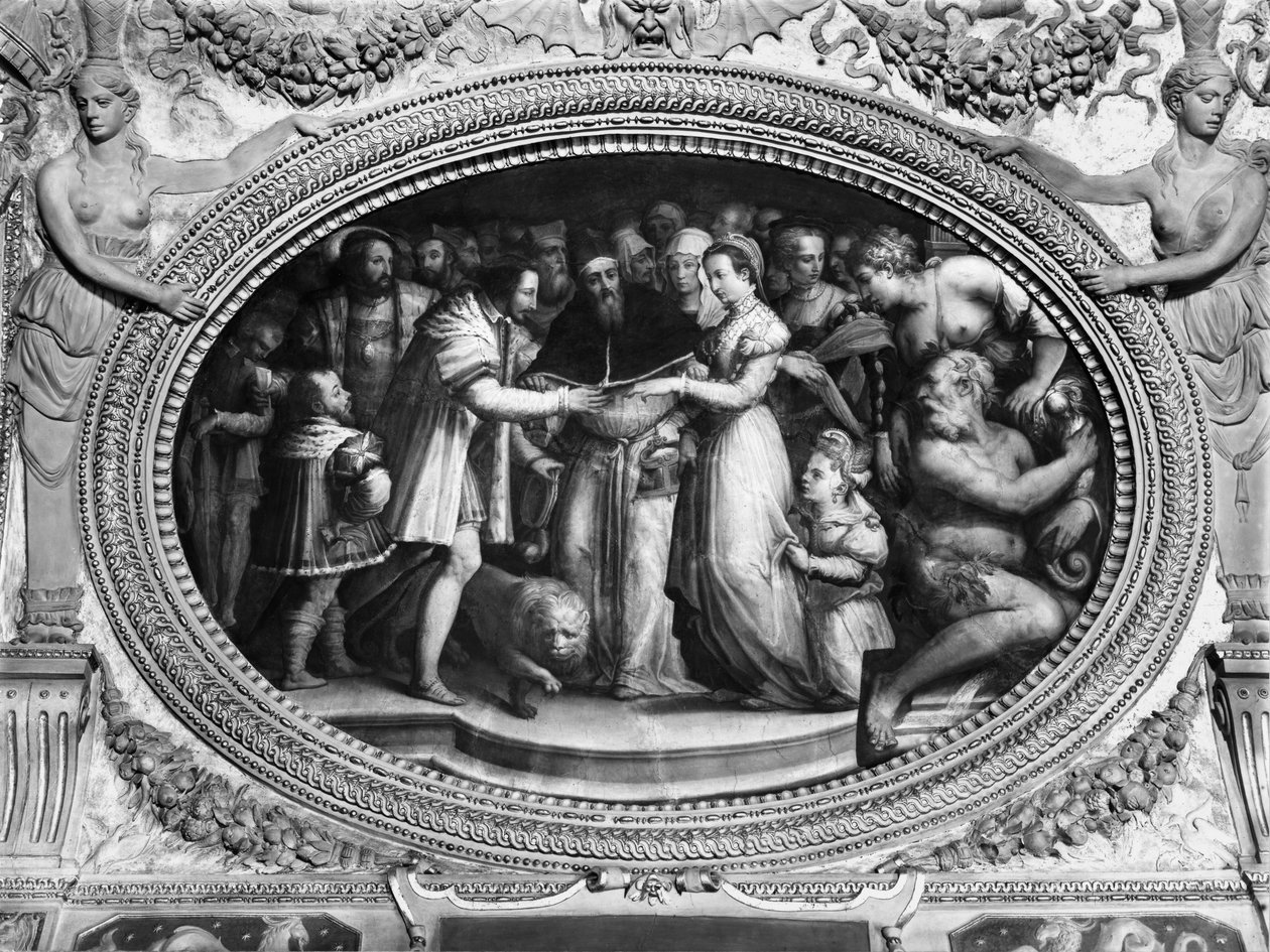 Papa Clemente VII (1478-1534) casando-se com Catarina de Médici (1519-1589) e Henri II da França (1519-59) 28 de outubro de 1533, da Sala di Clemente VII (ver também 135388) de Giorgio Vasari