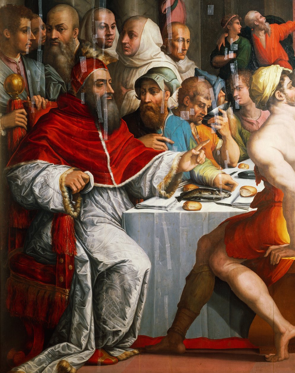 Papa Clemente VII disfarçado de São Gregório, detalhe do Jantar de São Gregório Grande de Giorgio Vasari