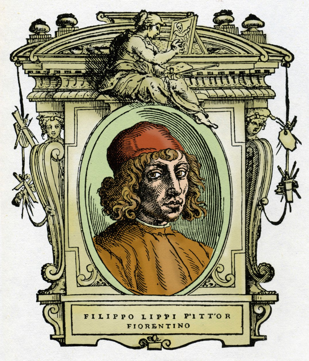 Retrato de Filippo Lippi (1406-1469) pintor florentino. Xilografia de "A vida dos pintores" de Giorgio Vasari. de Giorgio Vasari