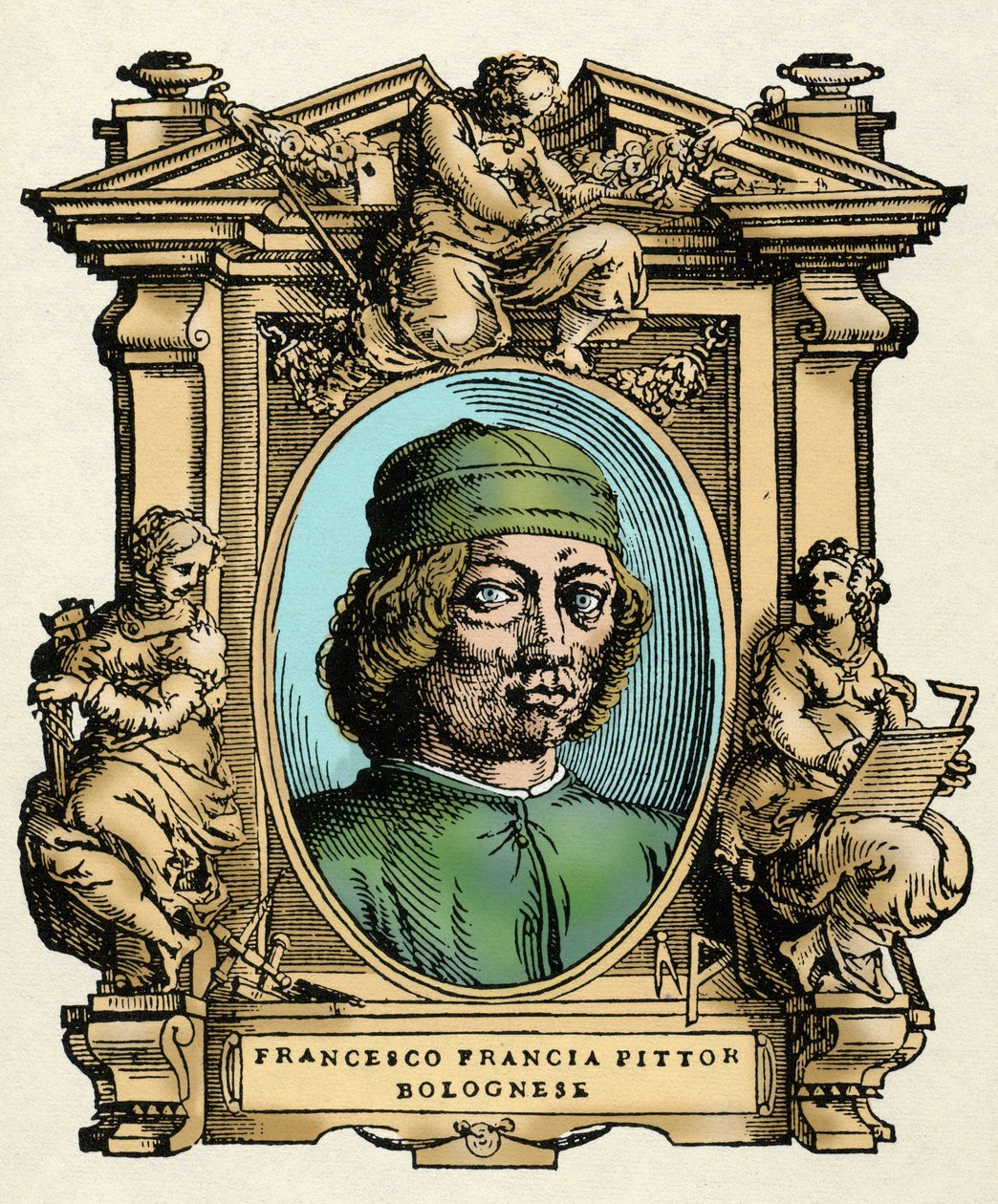 Retrato de Francesco FRANCIA (1450- 1517) pintor italiano. Gravura do tratado "" Vive dos mais excelentes pintores, escultores e arquitectos "" (Le Vite de