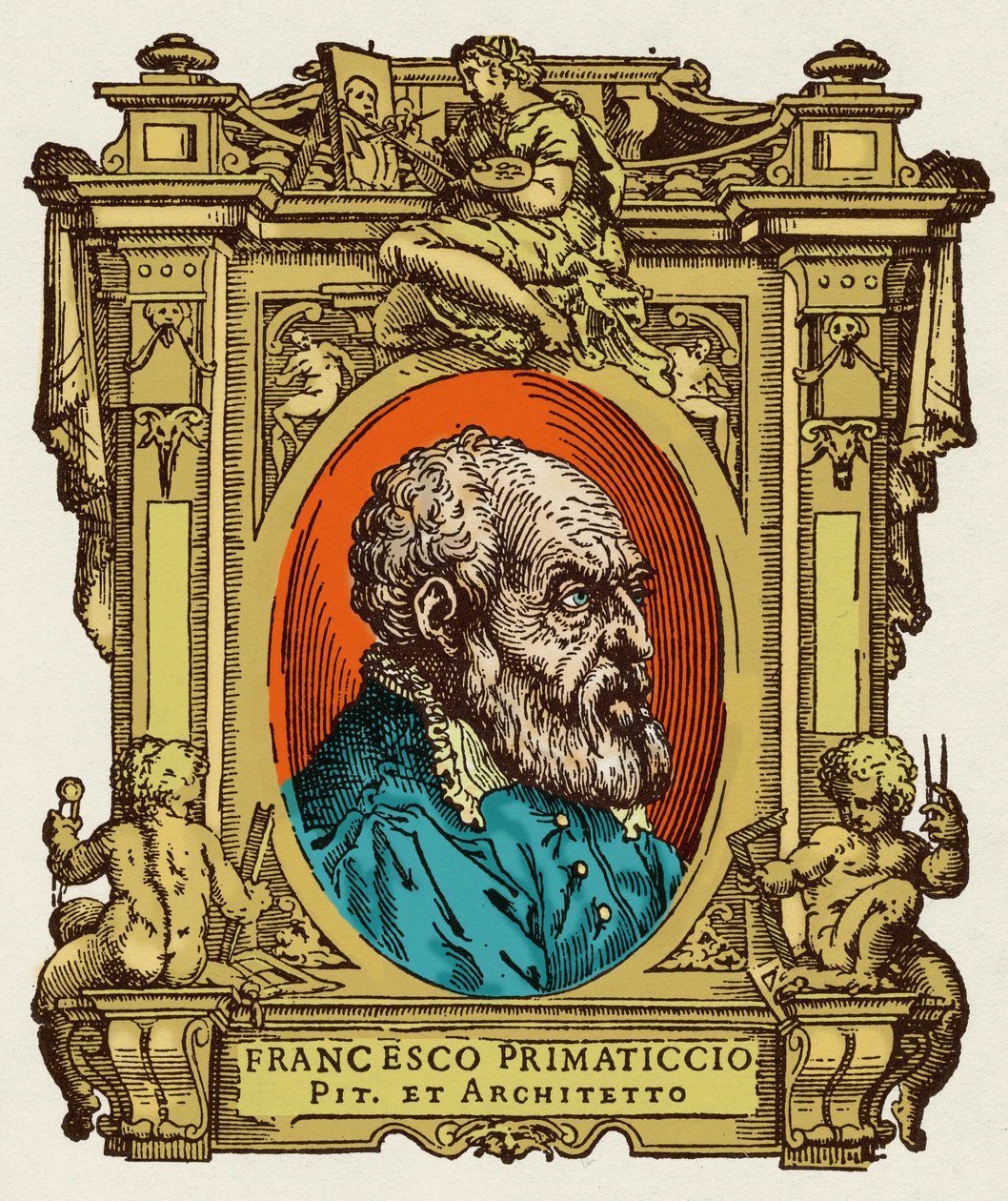 Retrato de Francesco Primaticcio conhecido como The Primatice (1504-1570) pintor, escultor e arquitecto. Foi membro da Ecole de Fontainebleau. Gravura do deleite "" Vive dos mais excelentes pintores, escultores e arquitectos "" (Le Vite de