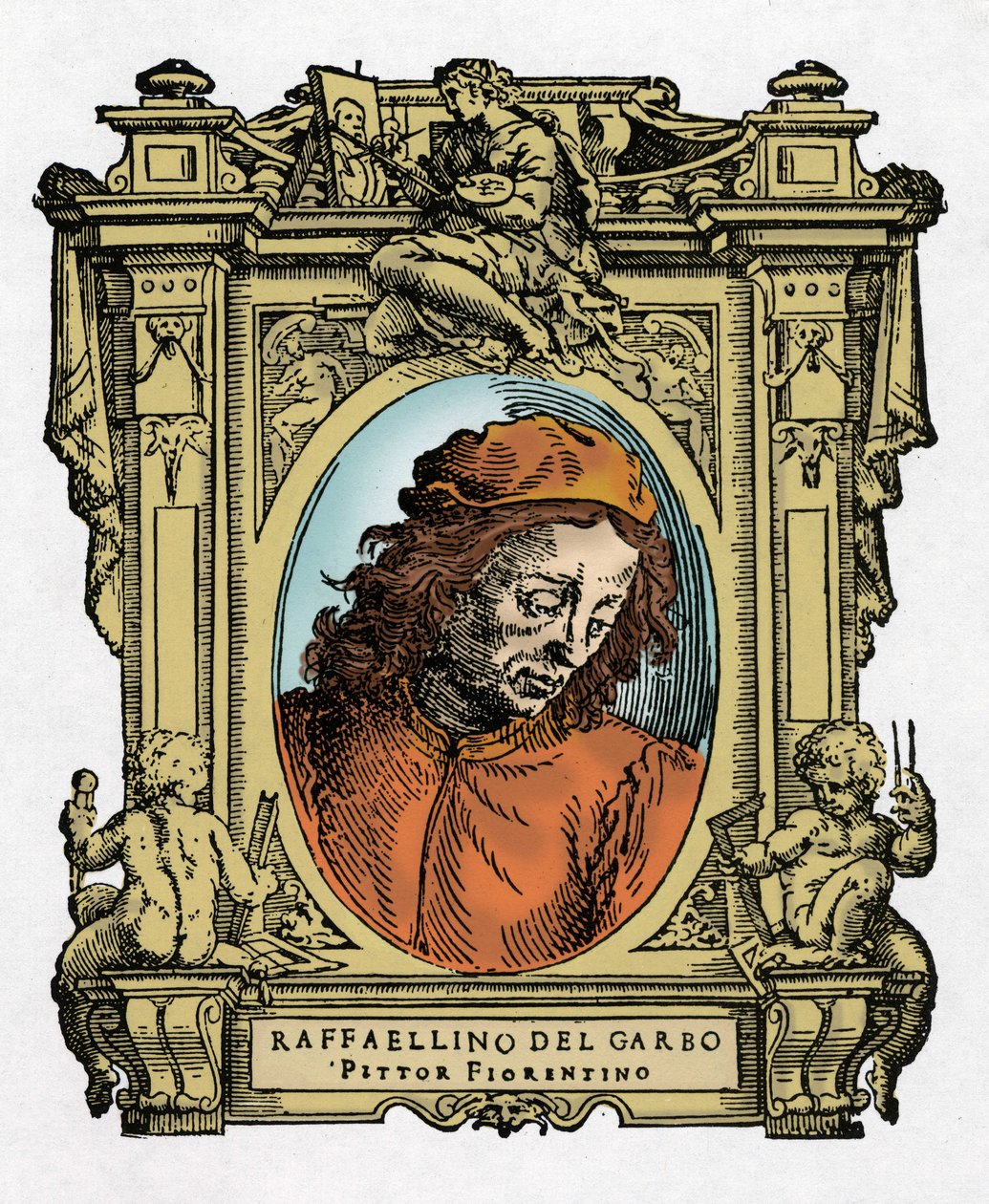 Retrato de RAFFAELLINO DEL GARBO (Raffaellino de Carli) (1466-1525) Pintor italiano. Gravura do deleite "" Vidas dos mais excelentes pintores, escultores e arquitetos "" (Le Vite de