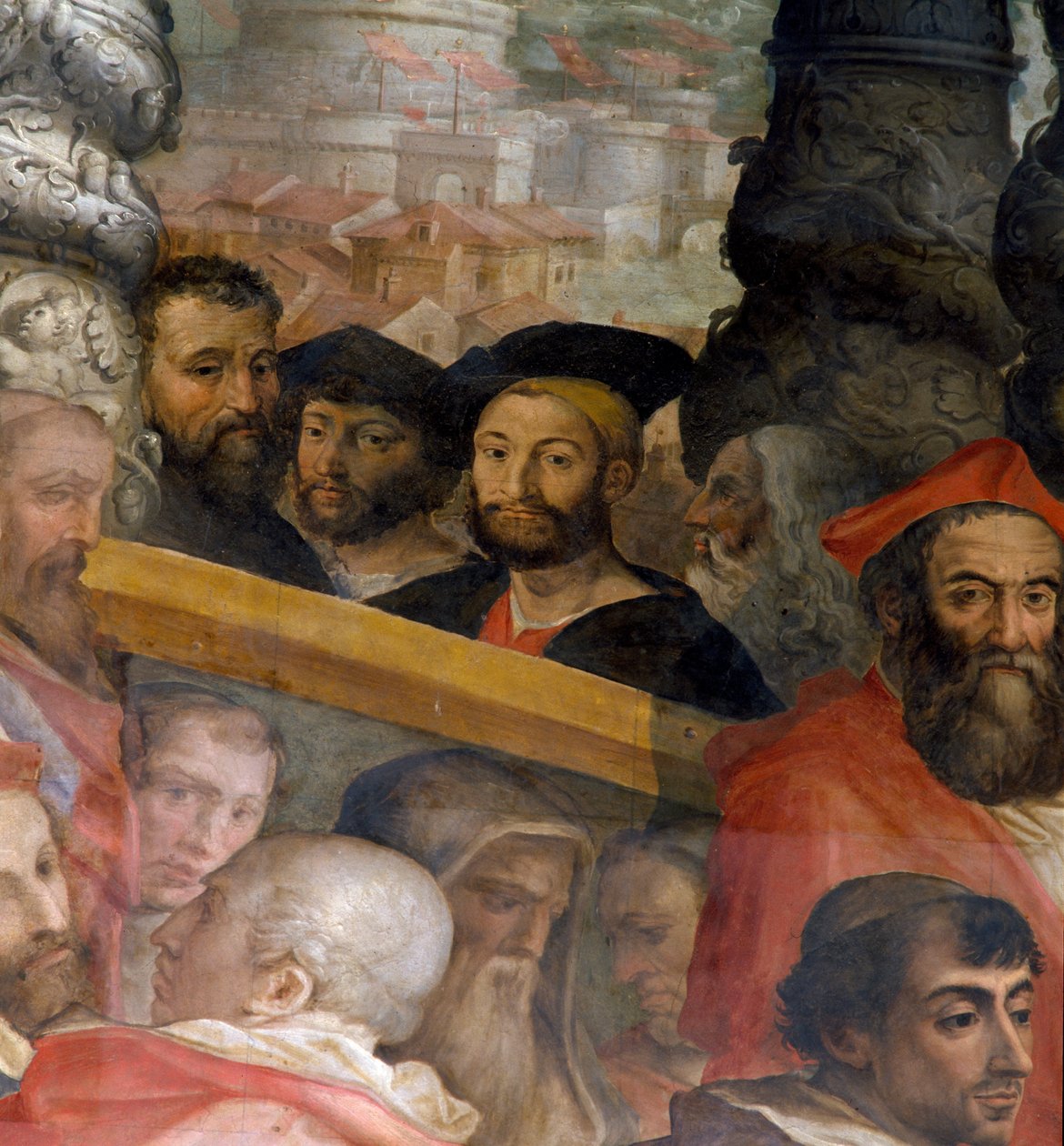 Retratos de Michelangelo, Lorenzo de "Medici, Duque de Urbino, Giuliano dei Medici e Leonardo da Vinci, detalhe do" Papa Leão X Eleita Numerosos Cardeais ", 1553-85 de Giorgio Vasari