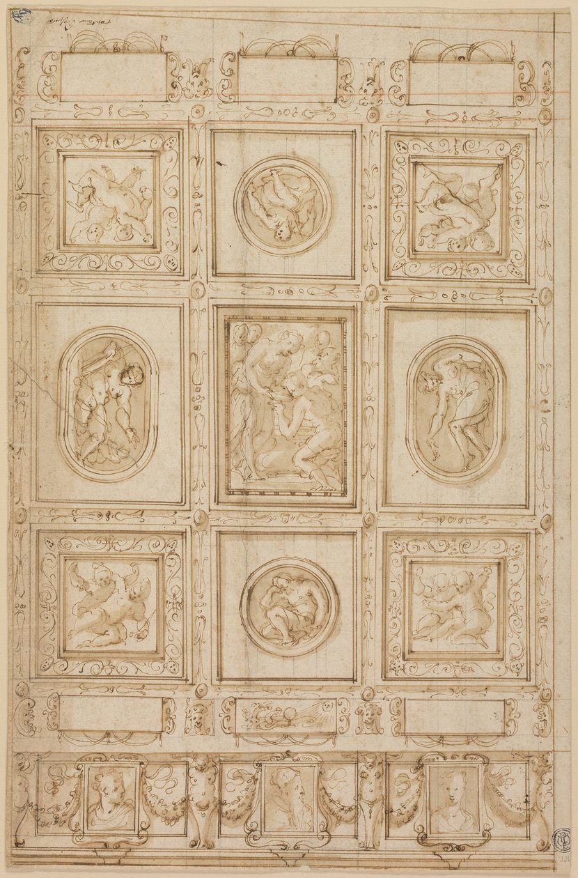 Estudo para Decoração de Teto, com Rebeca e Eliezer no Poço (reto); Estudo para decoração de teto (verso) de Giorgio Vasari