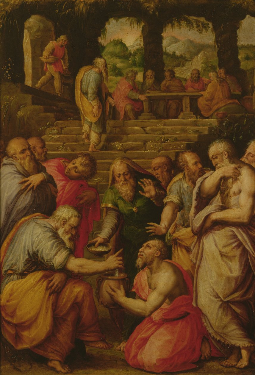Os Milagres do Profeta Eliseu (óleo sobre painel) de Giorgio Vasari