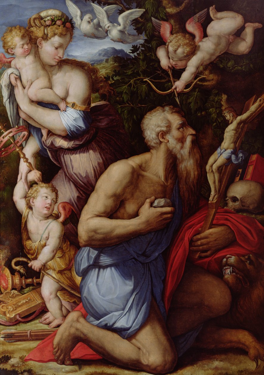 A Tentação de São Jerônimo (óleo no painel) de Giorgio Vasari