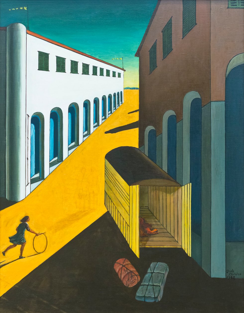 Mistério e melancolia de uma rua, rapariga com um arco de Giorgio de Chirico