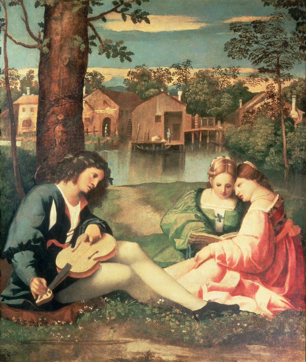Juventude com uma guitarra e duas meninas, sentado em um banco do rio de Giorgione da Castelfranco