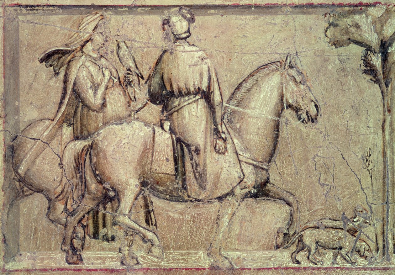 Alegoria da Justiça, antes da restauração (detalhe de dois cavaleiros que partem para a caça com um falcão), 1305 de Giotto di Bondone