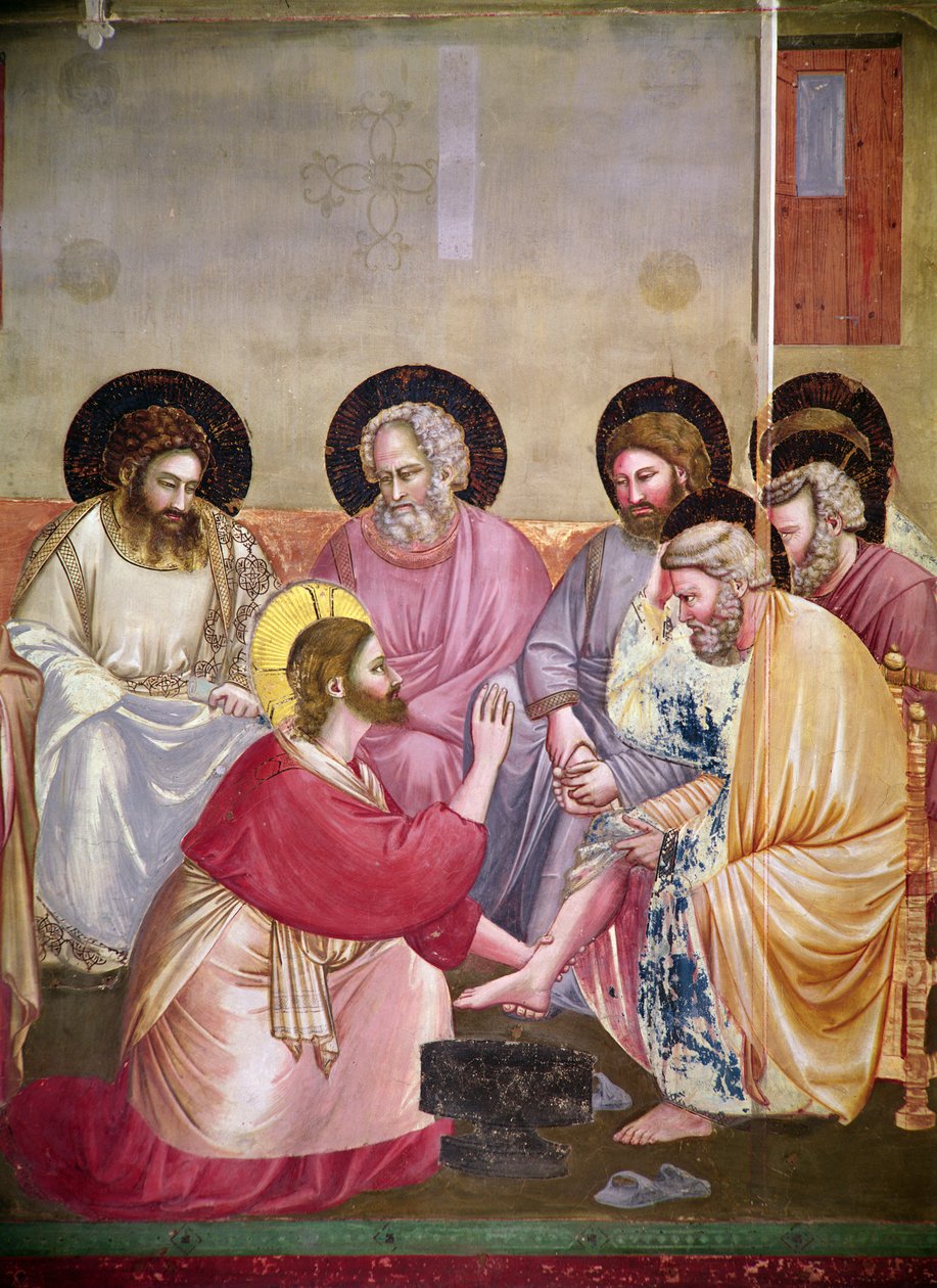 Cristo Lavando os Pés dos Discípulos, detalhe de Cristo e seis discípulos, c.1303-05 de Giotto di Bondone