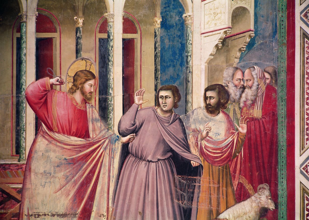 Jesus perseguindo os comerciantes do templo, detalhe de Cristo e dois comerciantes, c.1303-05 (detalhe de 444251) de Giotto di Bondone