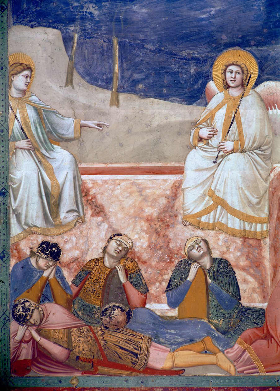 Noli Me Tangere, ou a aparição de Cristo a Maria Madalena, detalhe da tumba, anjos e soldados adormecidos, 1303-05 (ver também 155974) de Giotto di Bondone