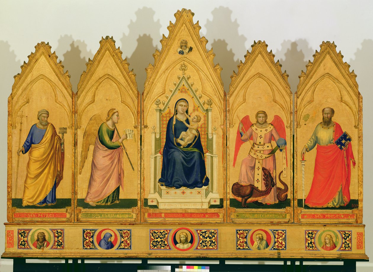 Polyptych da Virgem e Criança ladeado por Santos, 1333-34 (tempera no painel) de Giotto di Bondone