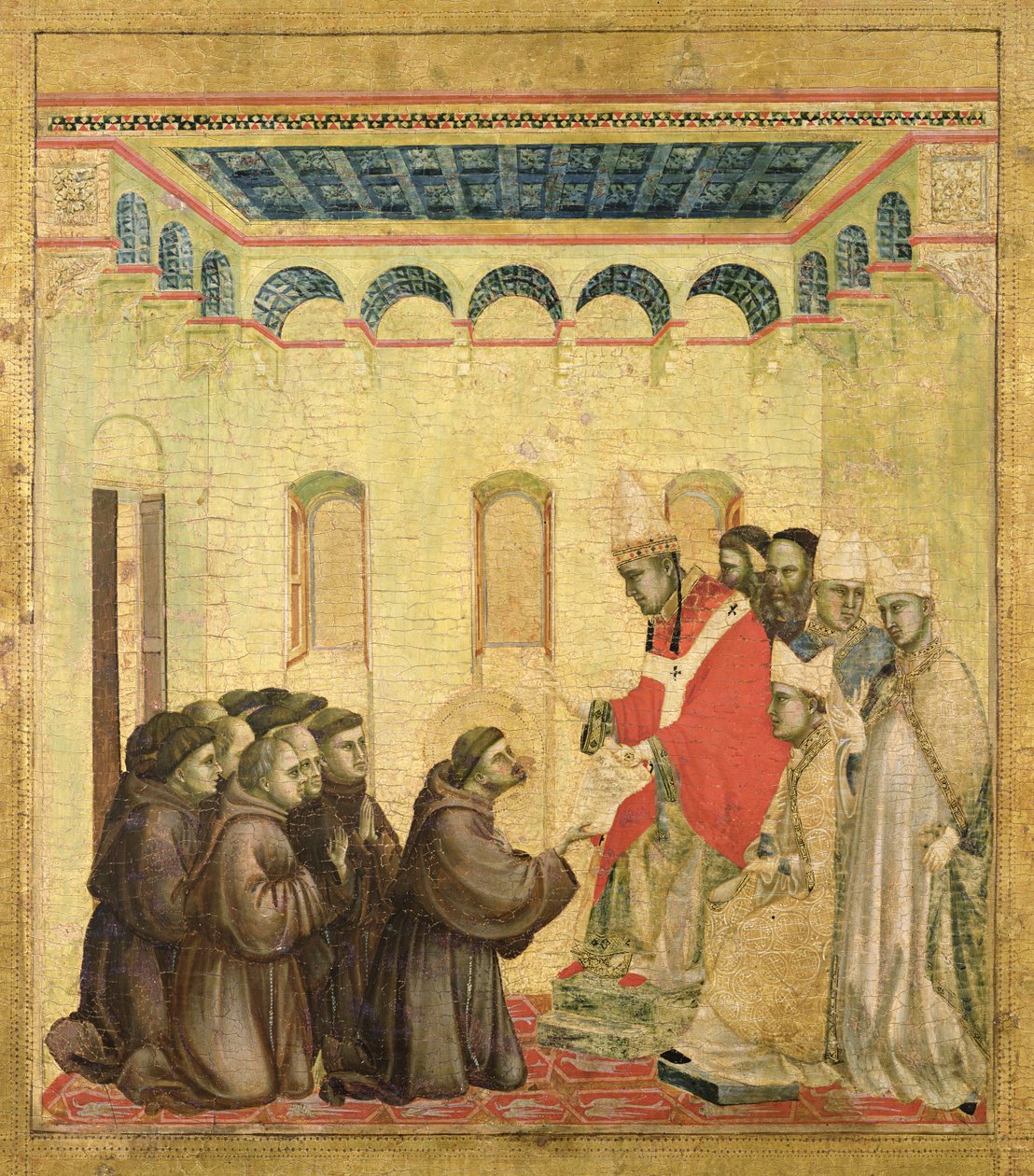 Papa Inocêncio III (1160-1216) Aprovando a Regra, do painel predela de São Francisco Recebendo os Estigmas, c.1295-1300 (têmpera no painel) de Giotto di Bondone