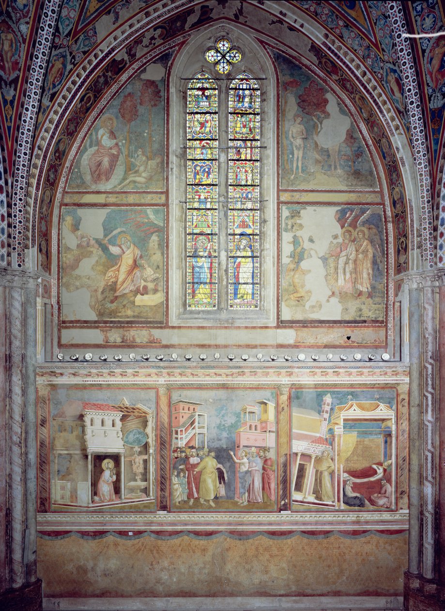 Cenas da vida de São Francisco: São Francisco rezando em São Damião; São Francisco renuncia aos bens e riqueza terrena do pai; O sonho de Inocêncio III (1161-1216) 1296-97 de Giotto di Bondone