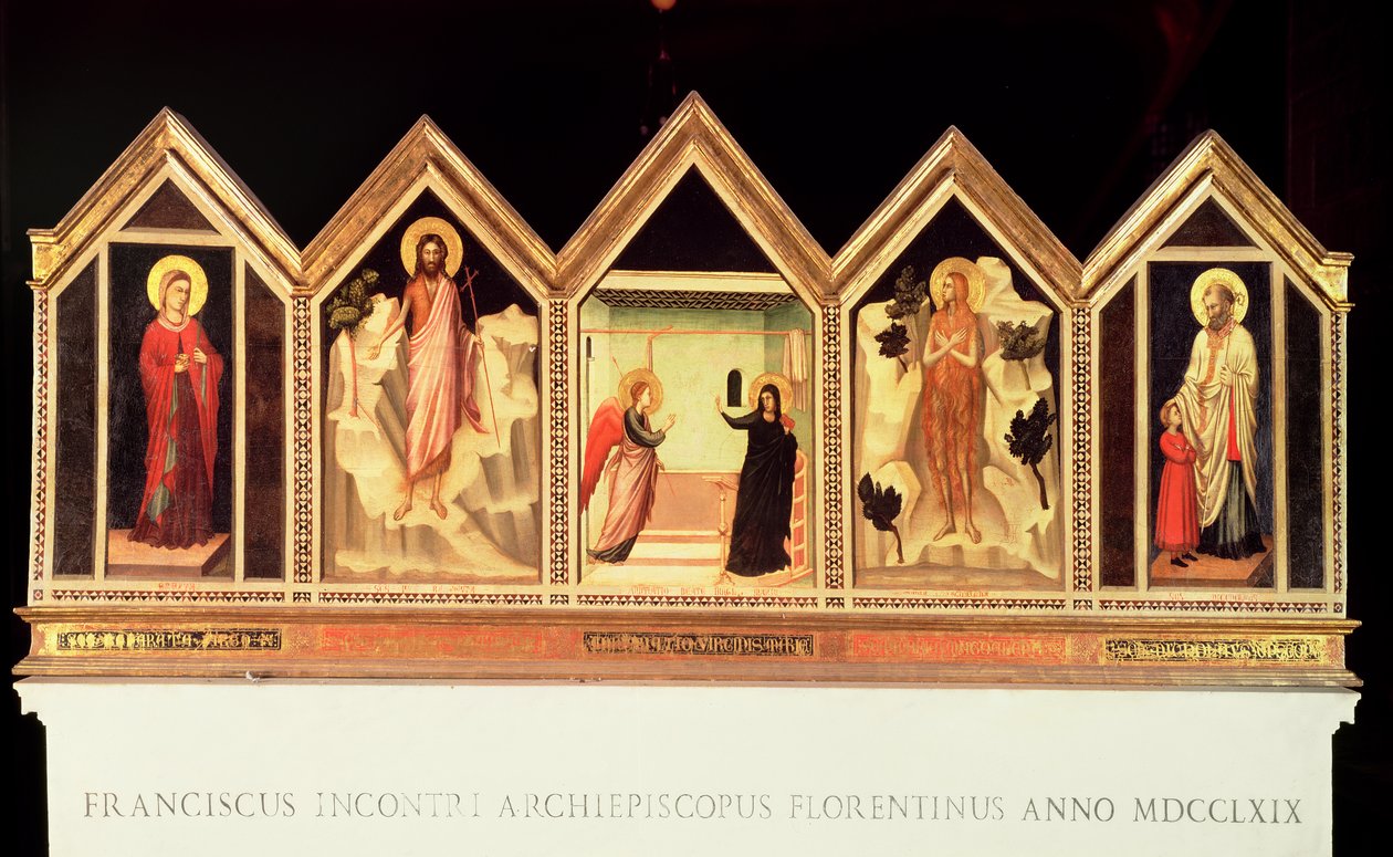 St. Reparata Polyptych, L a R: St. Reparata, São João Batista, Anunciação, santo não identificado, São Nicolau (reverso) de Giotto di Bondone