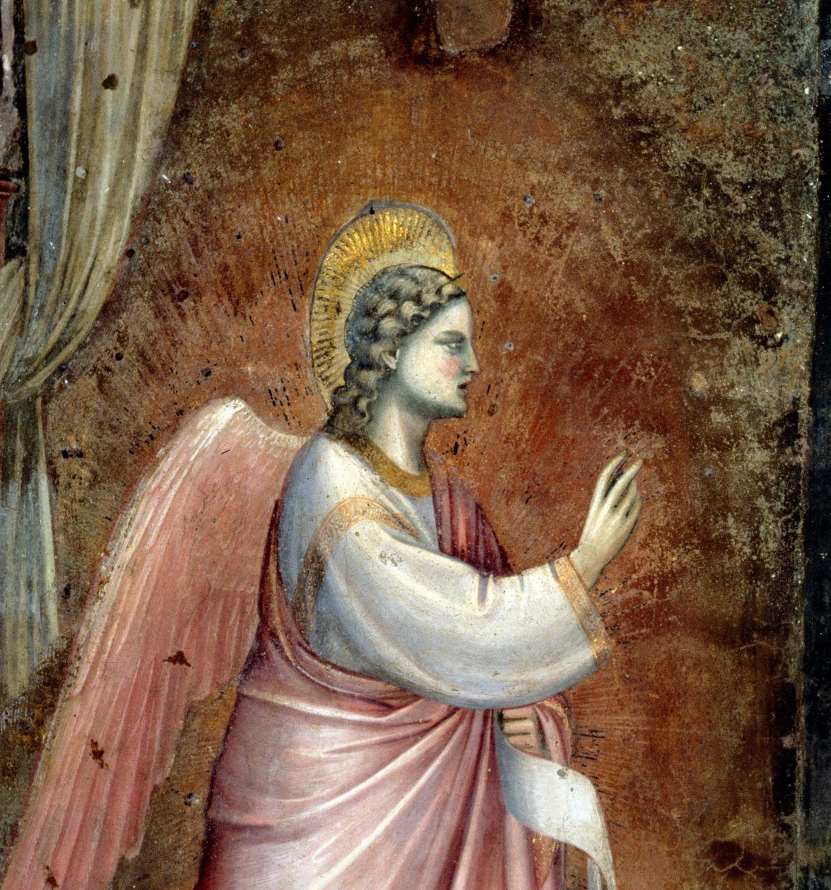 A Anunciação, detalhe do Anjo Gabriel, da luneta acima do altar, detalhe c.1305 afresco de 97841 de Giotto di Bondone