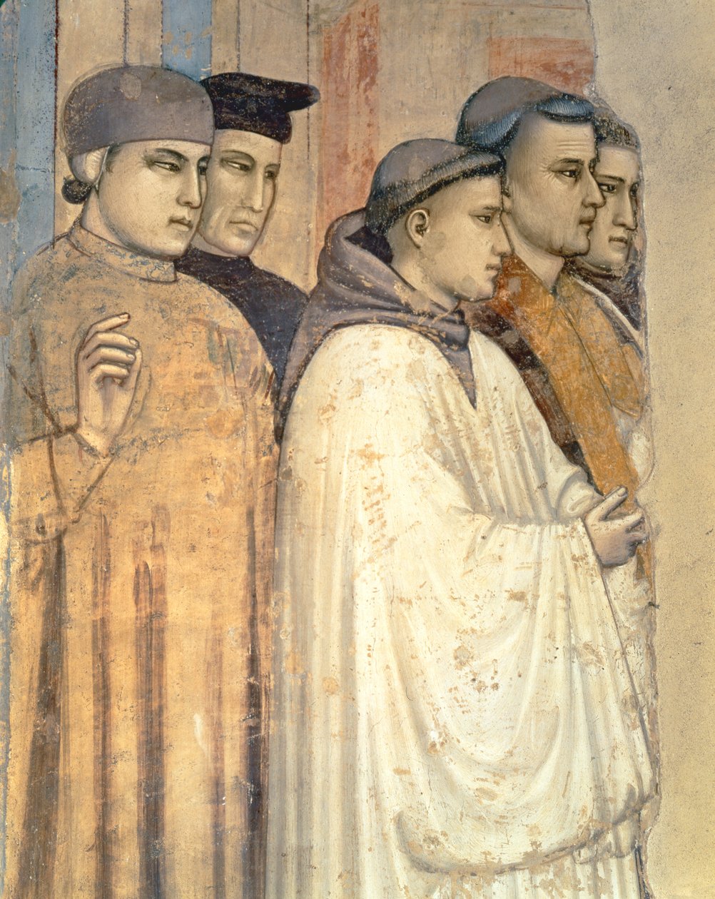 A morte de São Francisco, detalhe dos que estão de luto do lado esquerdo, do detalhe do afresco da capela Bardi de 63330 de Giotto di Bondone