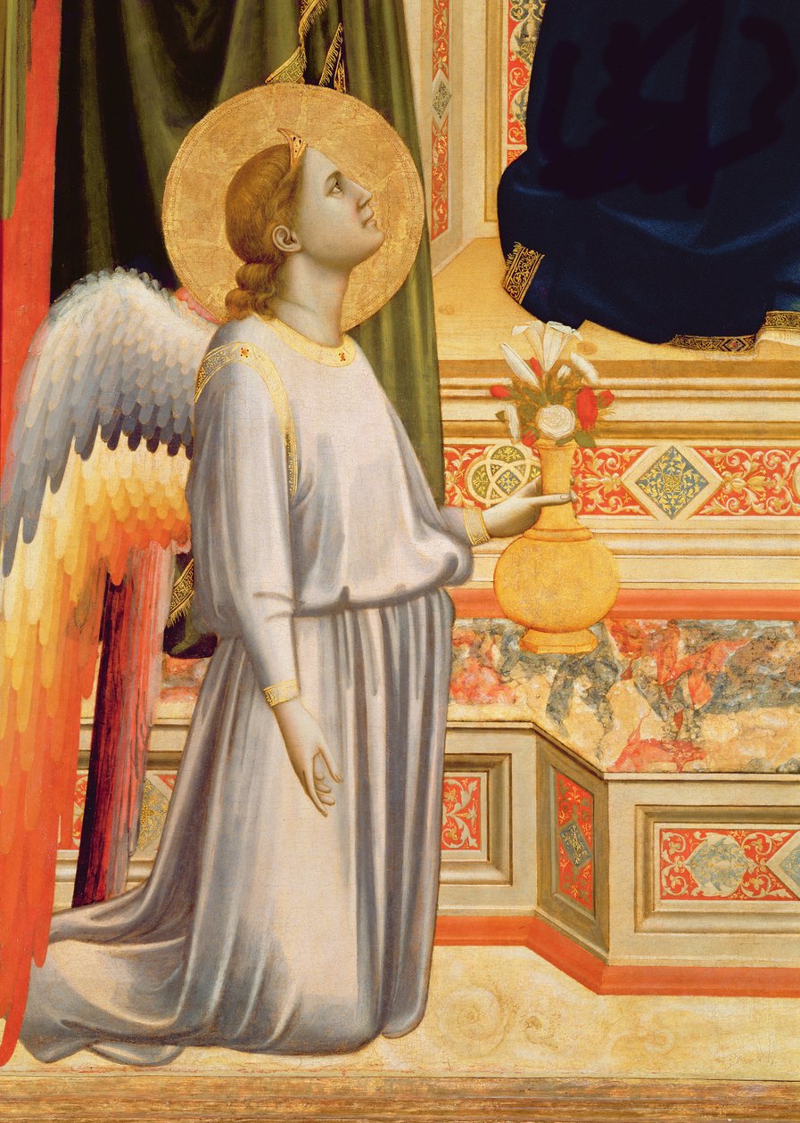 A Madonna di Ognissanti Detalhe de um anjo ajoelhado com vaso de flores, c.1310 veja também 63334 de Giotto di Bondone