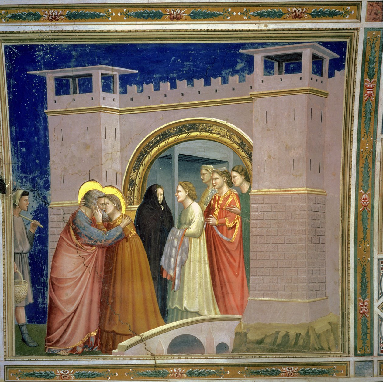 O Encontro no Portão Dourado, c.1305 Portão em Jerusalém, c.1305 de Giotto di Bondone